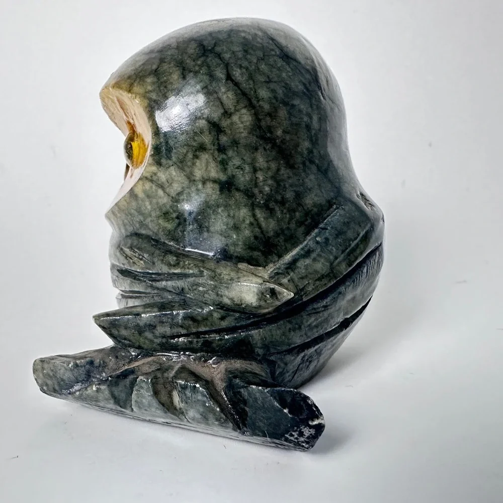 Vintage Italian Alabaster Owl Figurine Glass Eyes Hand Carved Stone Italy